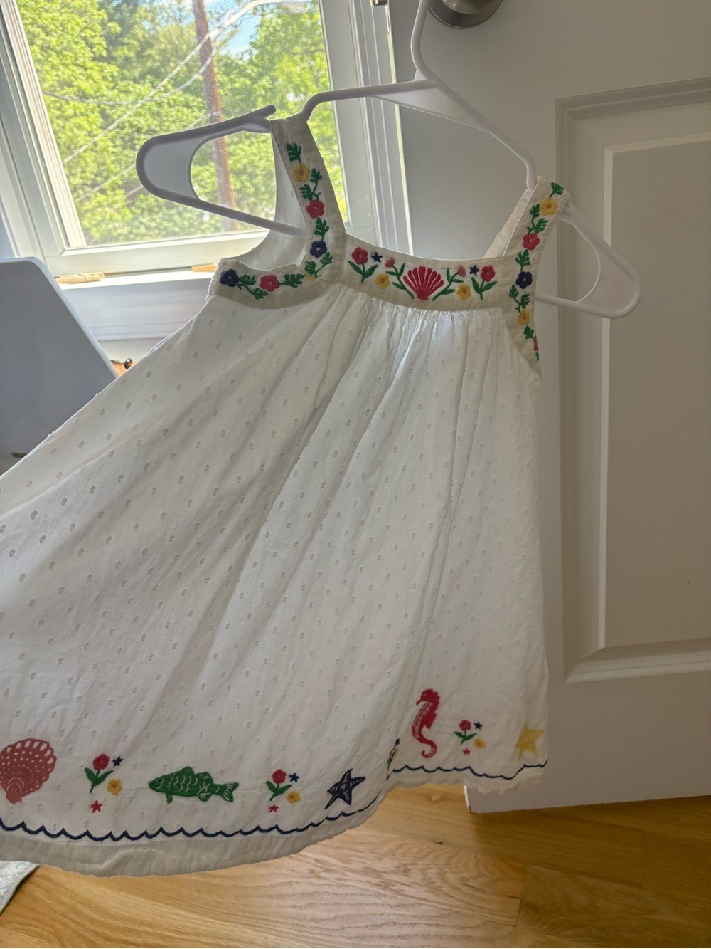 Mini Boden twirly dress ivory reef embroidered